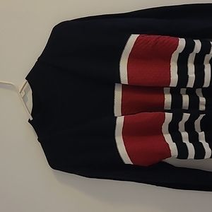 Navy blue, red and white sweater twinset